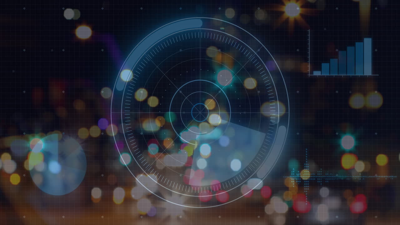 빛나는 레이더, 그래프, 렌즈 플레어 및 움직이는 차량에 대한 컴퓨터 언어의 애니메이션