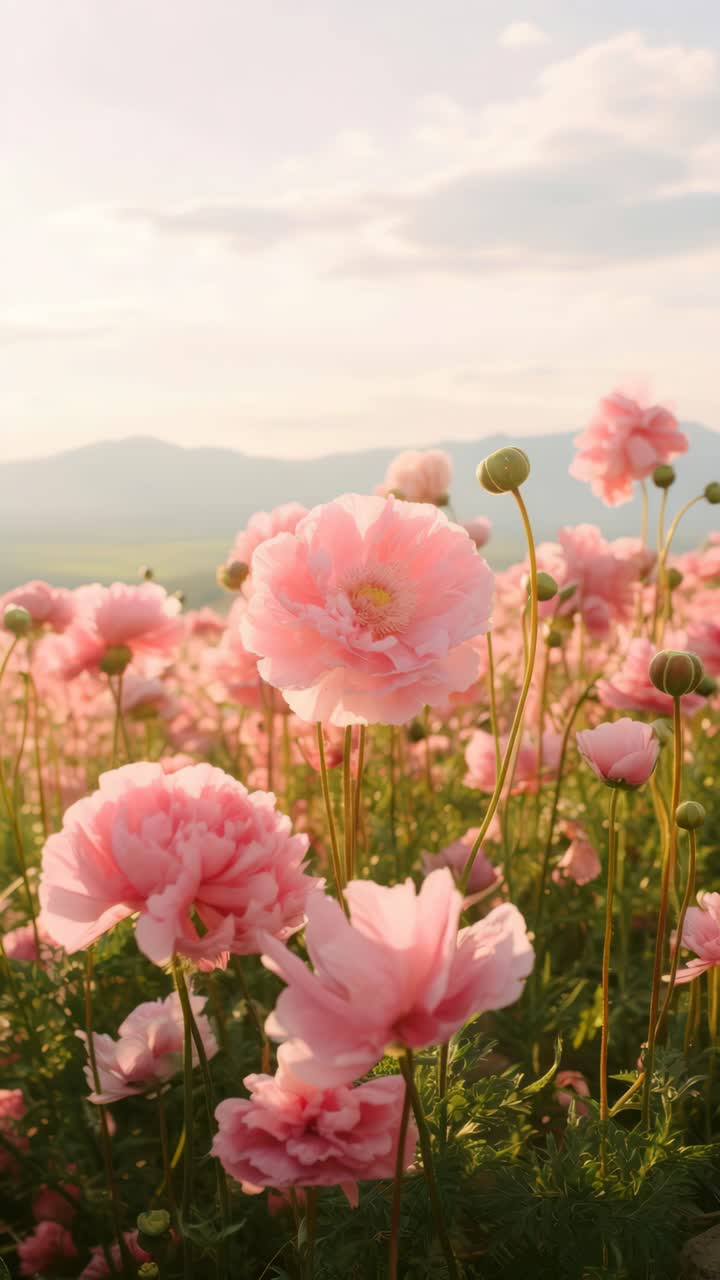 Un video sereno cattura una ripresa dal basso di peonie rosa in un campo soleggiato, con montagne