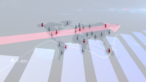 animation of financial data processing with red arrow over location pins on world map