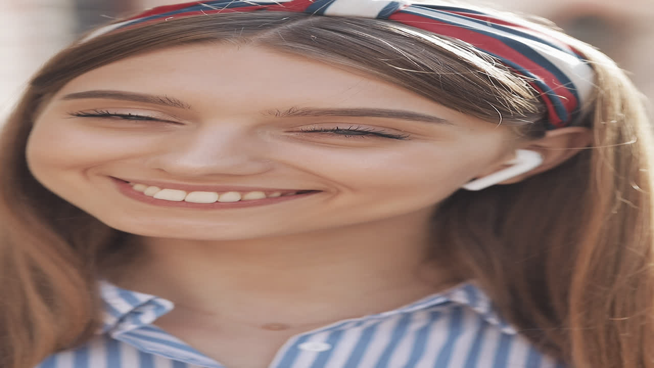 Close-up Portrait of a Happy Young Woman Smiling with Earbuds