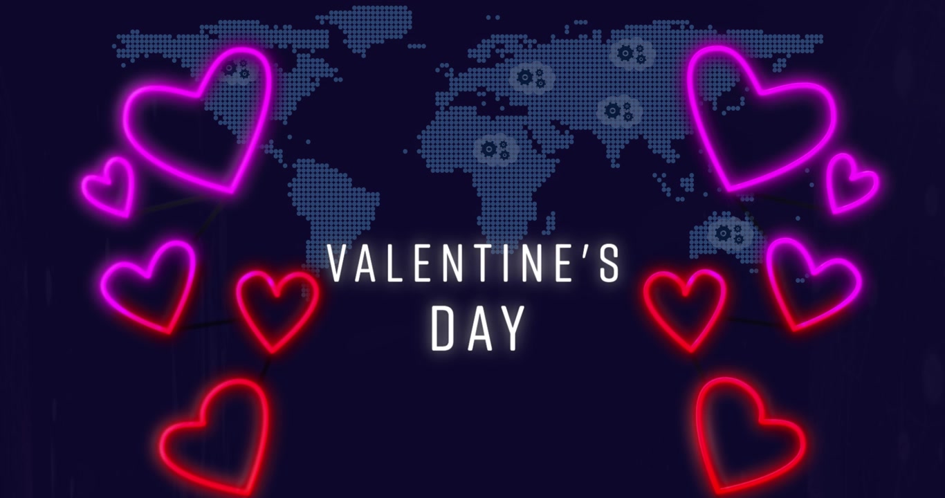 Animazione di testo di San Valentino con cuori su una mappa del mondo su sfondo nero.