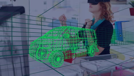 animación de dibujo 3d digital de un coche sobre una mujer usando auriculares vr
