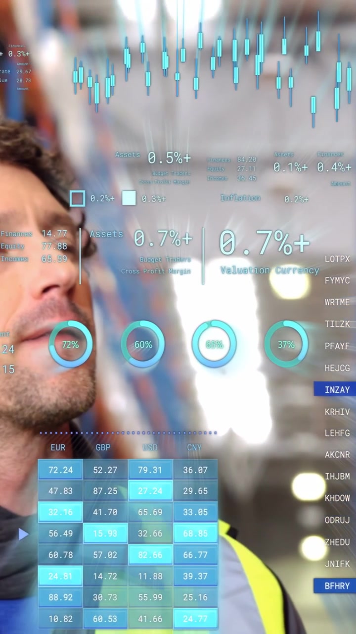 Vertical video: Warehouse worker scanning shelves after HUD alert, verifying stock with HUD charts