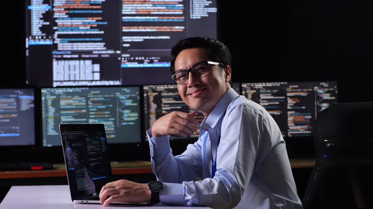 programador sonriendo en un entorno de codificación