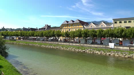 colorful houses of spa town bad ischl with river traun