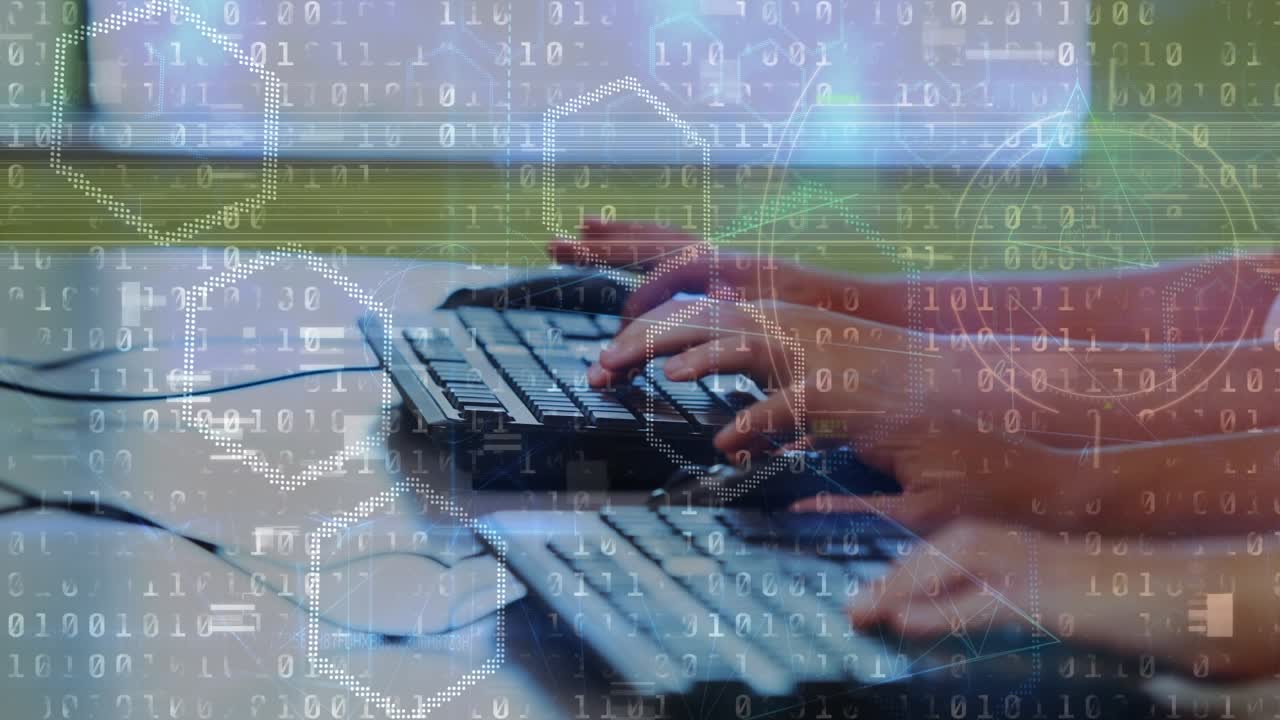Animation of digital interface over business people using phone headsets
