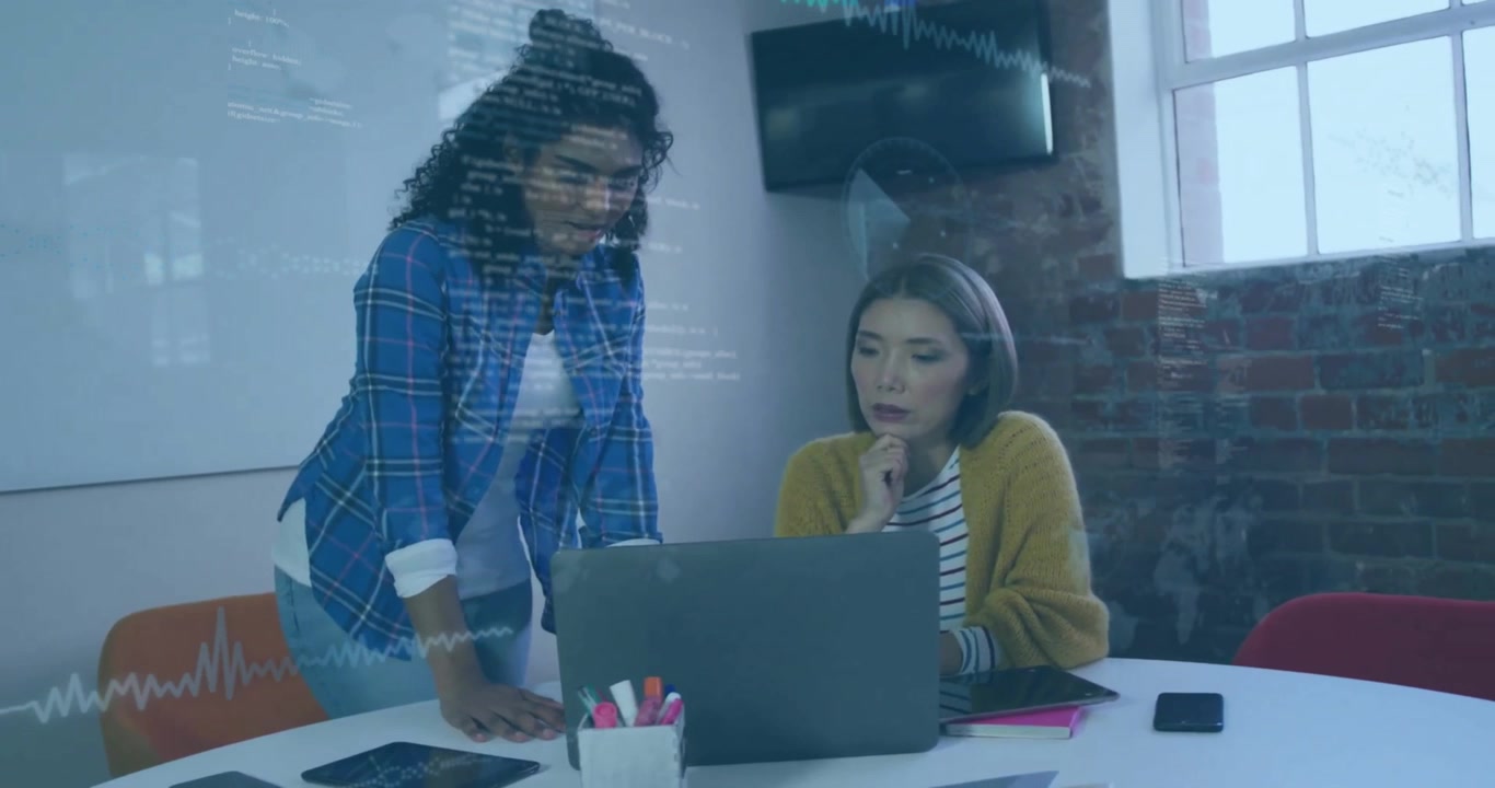 Animation of soundwaves and computer language over diverse female coworkers discussing reports