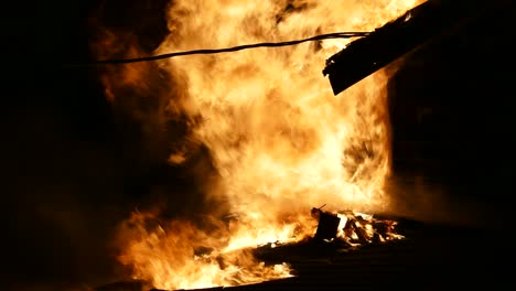 blazing fire over burning abandoned wooden house in brampton, ontario, canada