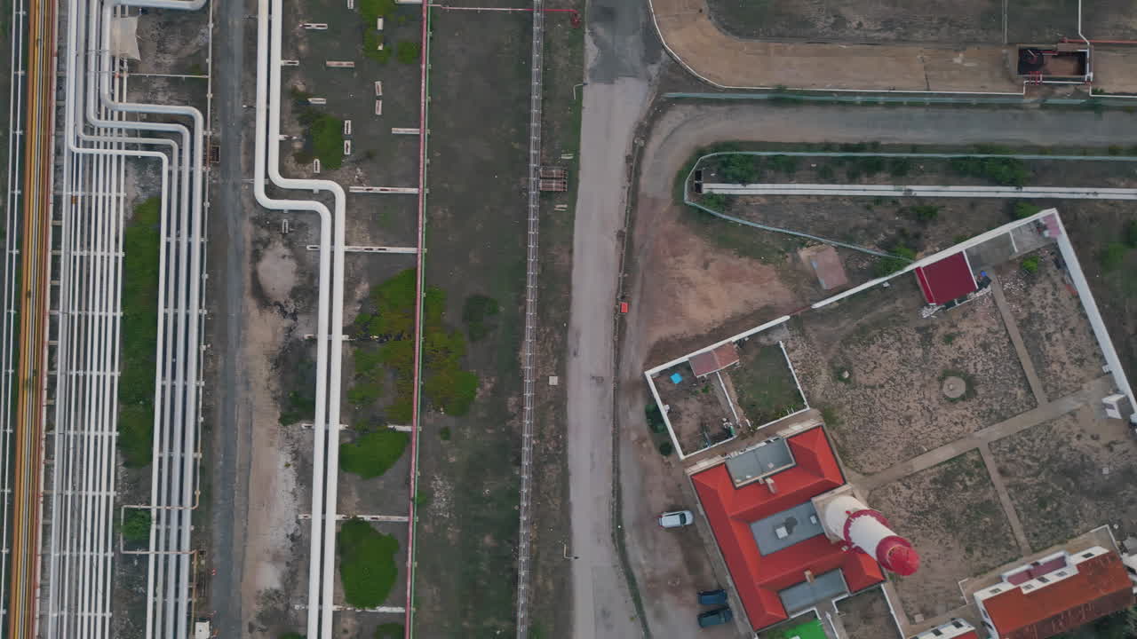 Drone oil refinery pipeline at heavy industry infrastructure. Chemical factory