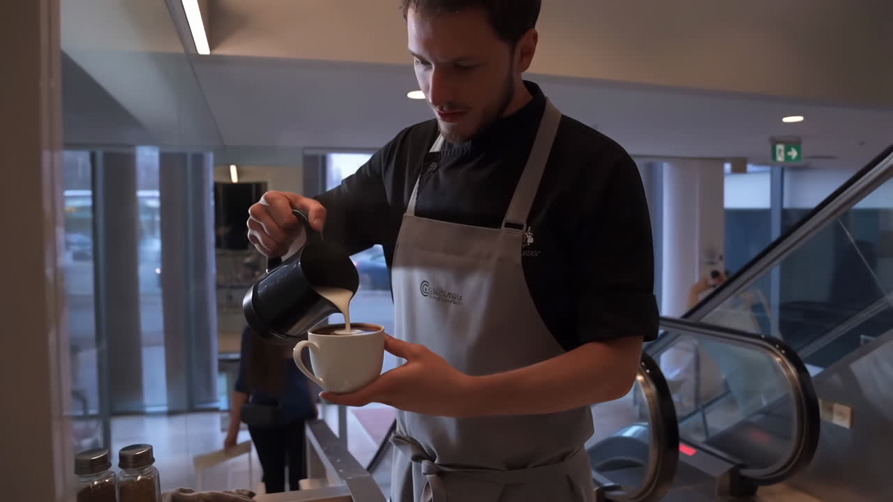Barista pouring latte art into a coffee cup in a modern setting