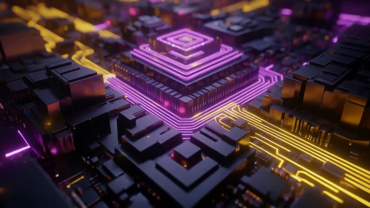 Digital Circuit Board with Glowing Purple and Yellow Lines