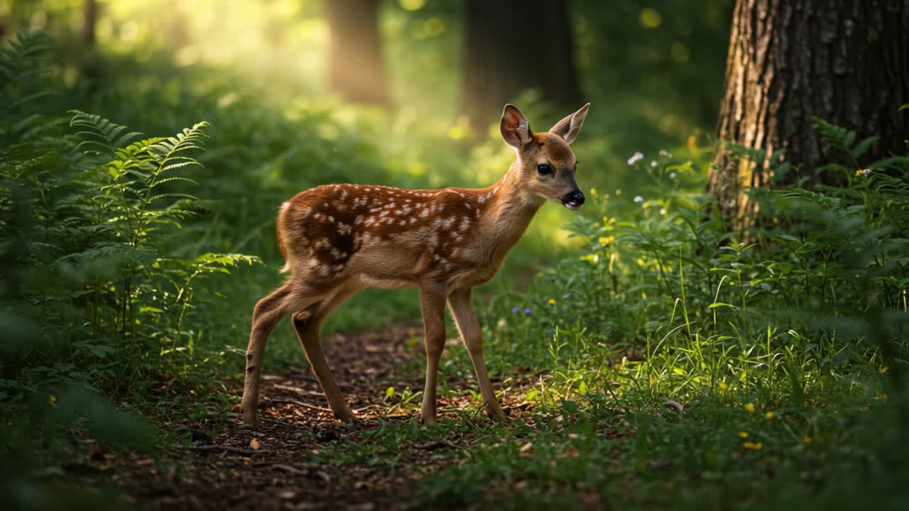 A graceful young fawn delicately explores a sunlit forest path, surrounded by vibrant greenery and soft rays of light filtering through the trees in a serene woodland setting