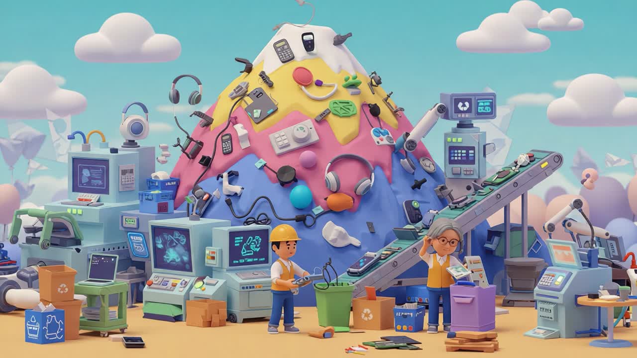 Engaging Scene at a Recycling Facility with Two Workers Collaborating Amidst a Vibrant Mountain of E-Waste and Eco-Friendly Equipment