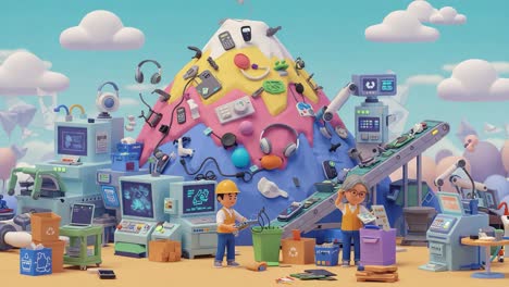 engaging scene at a recycling facility with two workers collaborating amidst a vibrant mountain of e-waste and eco-friendly equipment