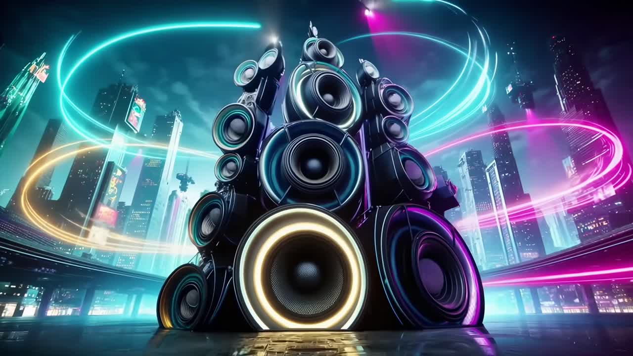 Concetto video dinamico con ripresa dal basso di altoparlanti futuristici e paesaggio urbano al neon
