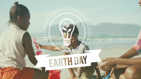 children playing on beach, earth day animation with light bulb and leaf icon over