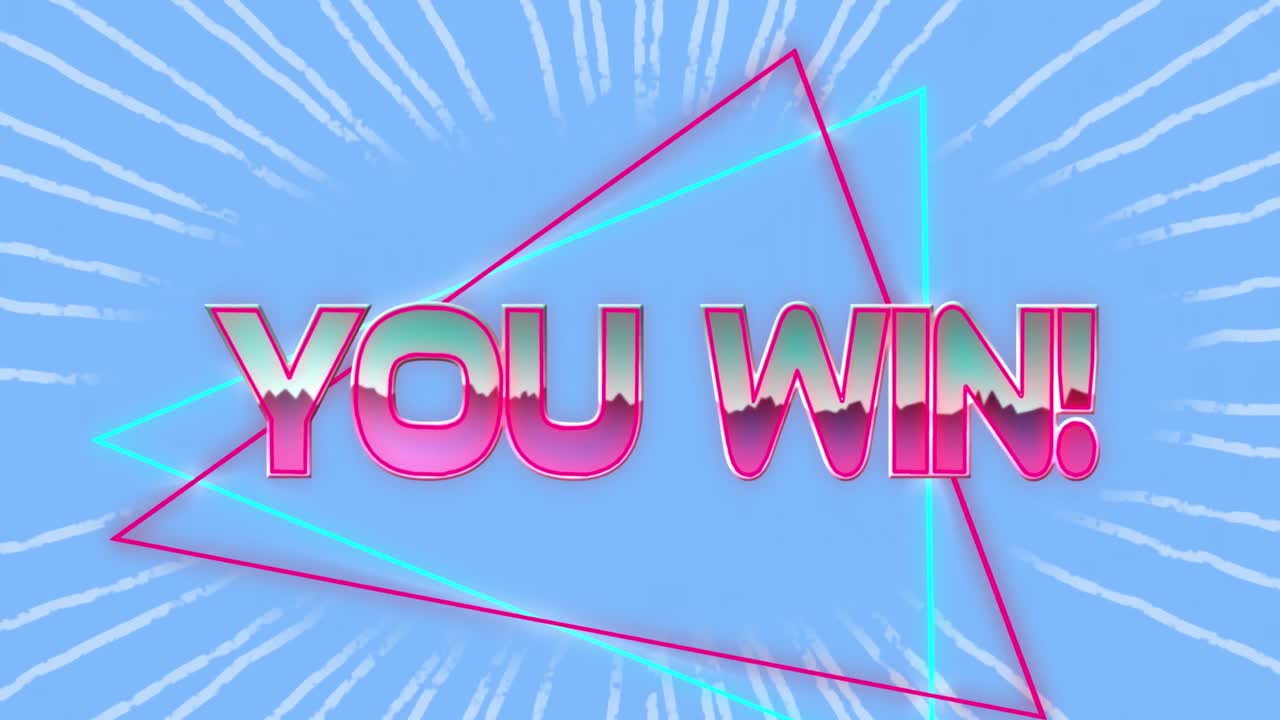 파란색 배경에 네온 삼각형으로 분홍색과 파란색으로 쓰여진 승리의 애니메이션