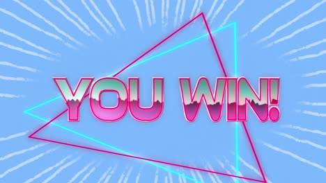 animación de usted ganar escrito en rosa y azul con triángulos de neón en un fondo azul
