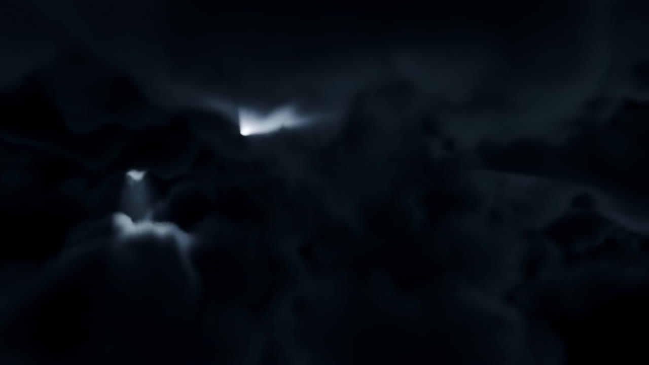 Paesaggio nuvoloso scuro e vorticoso con una luce fioca che penetra le pieghe. Fumo e nebbia simili a inchiostro si muovono attraverso l'inquadratura, creando un'atmosfera profonda.