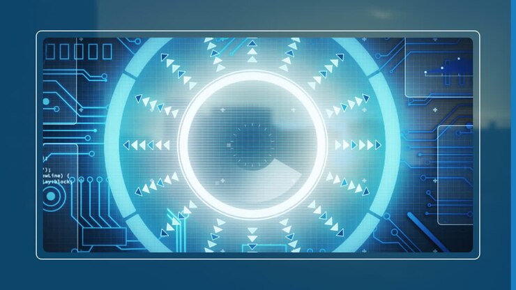 Padrões circulares brilhantes e designs de circuito criando animação digital futurista