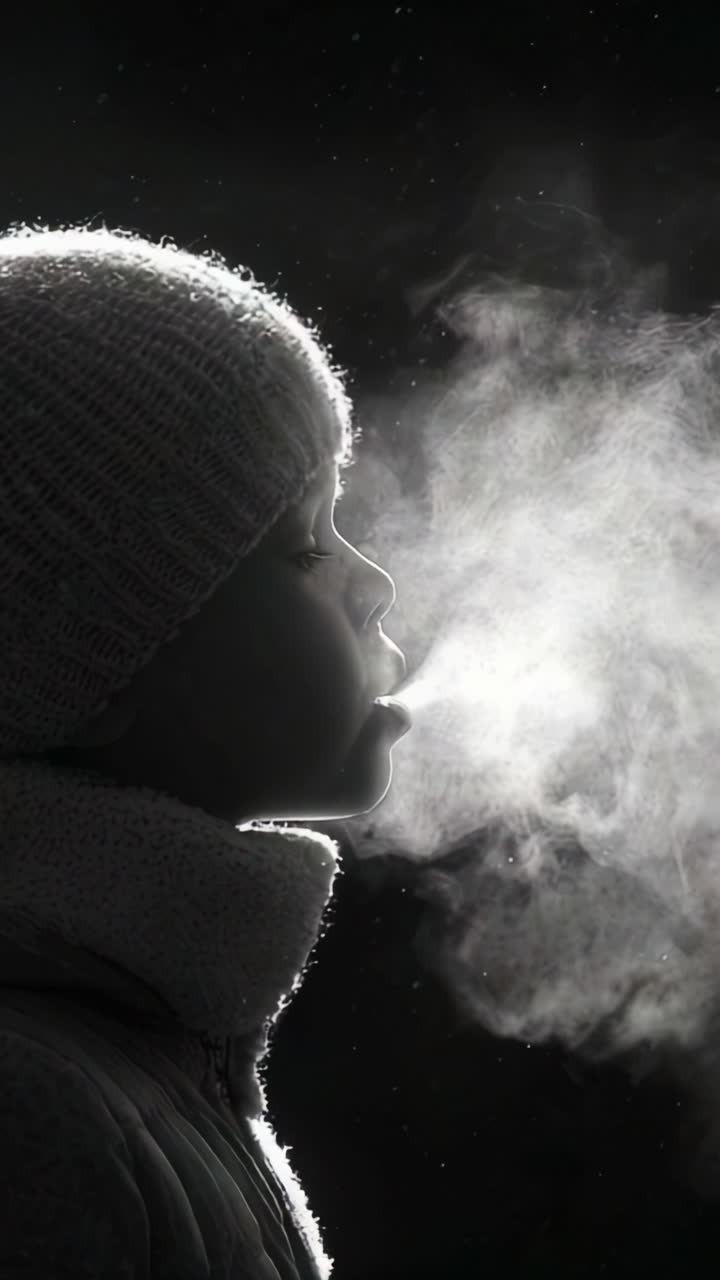 Silhouette accattivante di un bambino che respira aria fredda, creando una nebbia eterea in un ambiente fresco, che mette in risalto la bellezza e la meraviglia dei momenti invernali