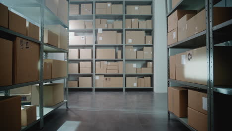 warehouse interior with cardboard boxes on shelves