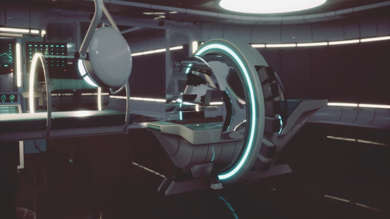 Macchina per risonanza magnetica ad alta tecnologia in una struttura medica futuristica con dettagli luminosi