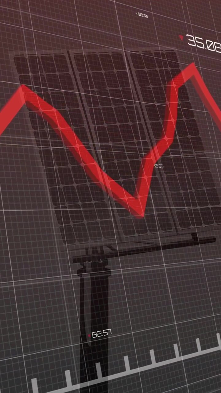 Pole-mounted solar panel in frame, sensor data starting red waveform tracing power via clear HUD