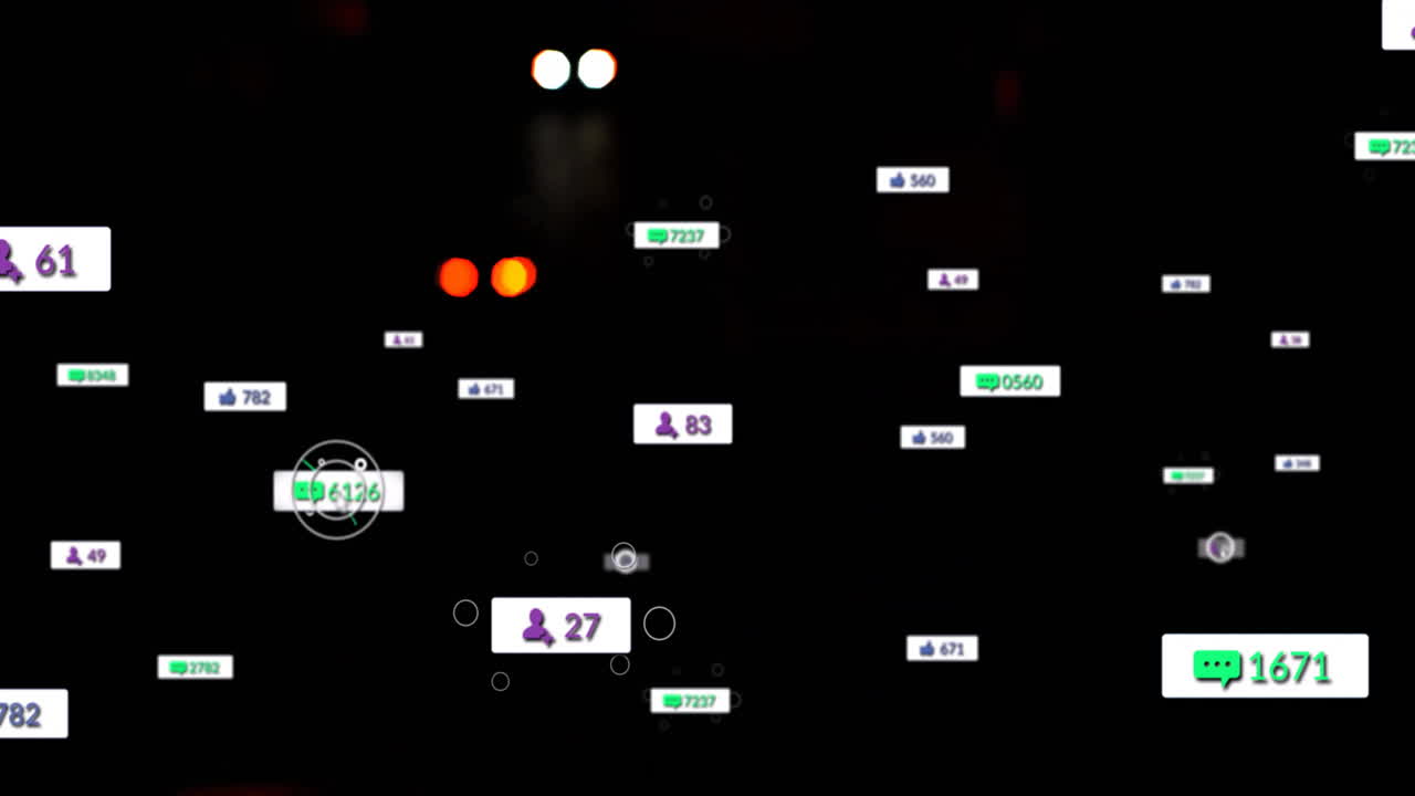 소셜 미디어 알림 밤에 흐릿한 도시 불빛 위의 애니메이션