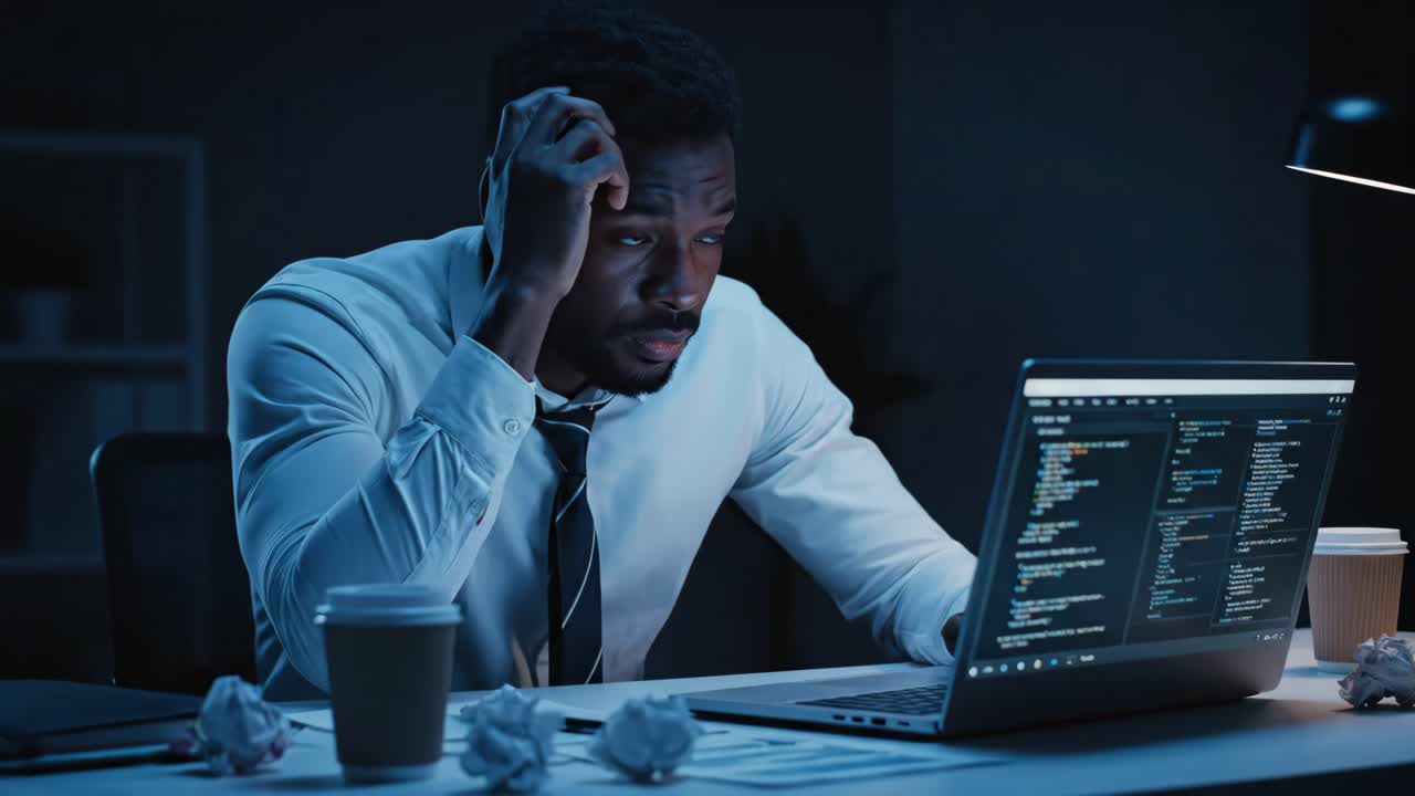 Frustrated coder working late at night