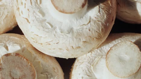 freshly picked mushrooms on home kitchen, close up texture of brown champignon, woman cooking tasty vegan dinner.