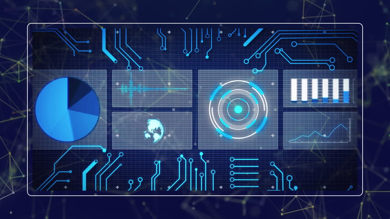 Animation of data processing over network of connections on black background