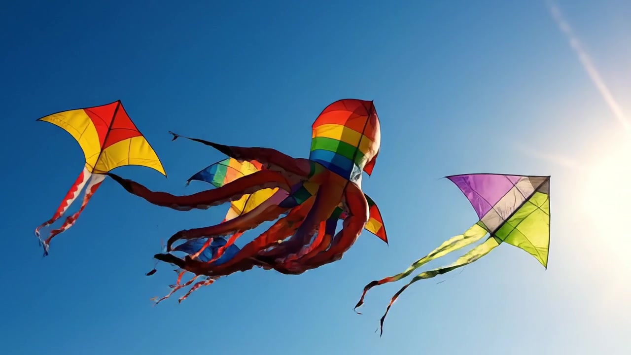 Uma Exibição Vibrante de Pipas Coloridas Dançando Contra um Céu Azul Claro: Experimentando as Alegrias de Empinar Pipas em um Cenário Exterior Pitoresco.