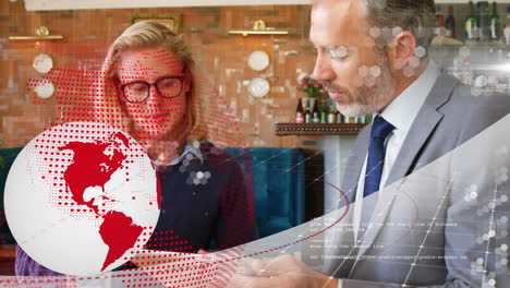 animation of globe over caucasian businessmen in office