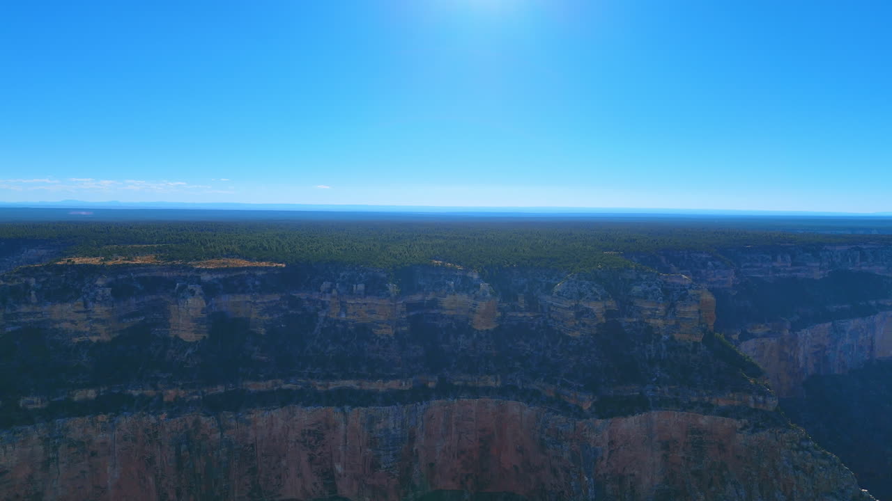 Forest edge meeting massive canyon cliffs. A forest line borders towering canyon cliffs in this aerial view