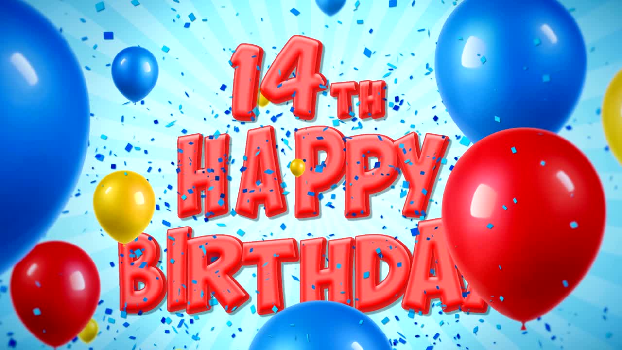 el texto rojo aparece en las explosiones de confeti popper que caen y las partículas de brillo, los coloridos globos voladores, la animación de bucle sin fisuras para los deseos, el saludo, la fiesta, la invitación, la tarjeta.