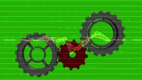 Animation-of-gears-rotating-over-data-on-green-background