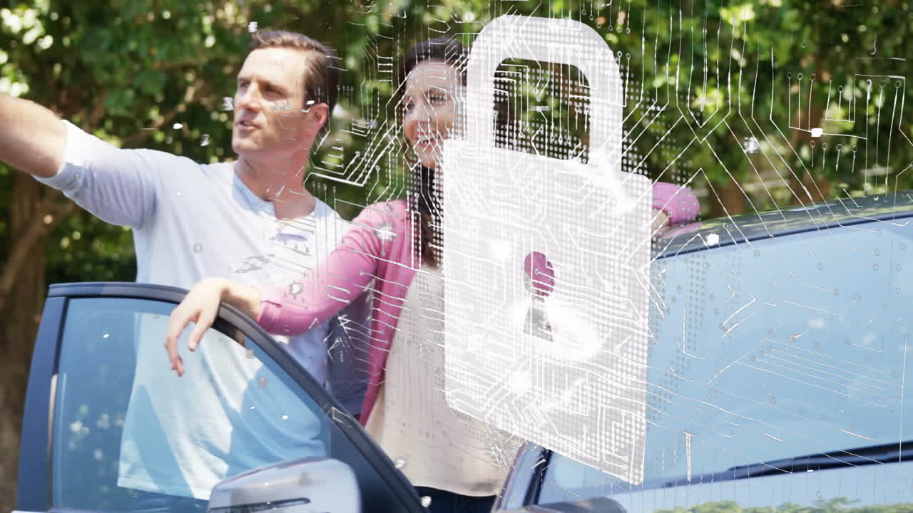 Couple standing by car with digital padlock and circuit overlay animation