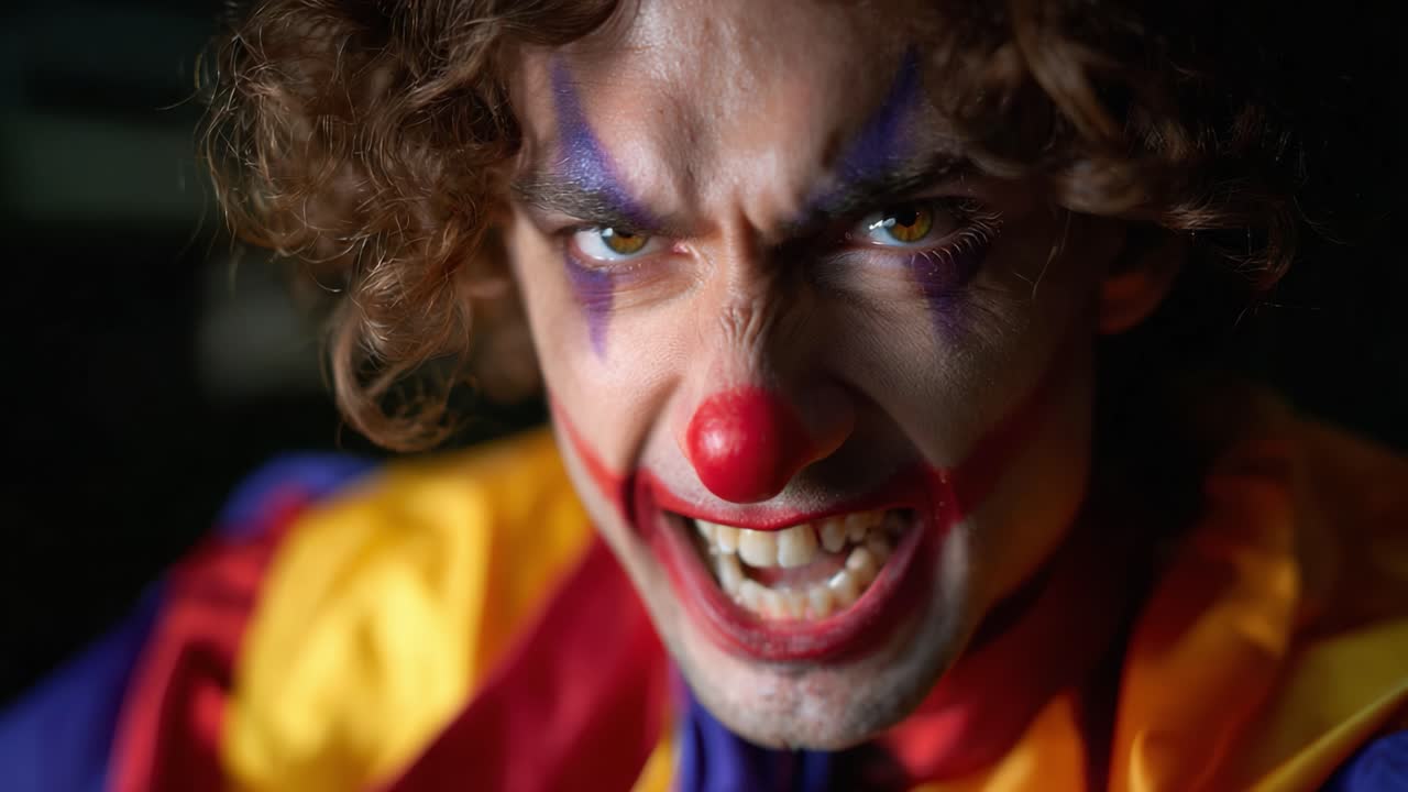 Intense Expression of a Clown with Fiery Emotion Revealed in Two Captivating Frames from a Video Showcasing the Duality of Humor and Fear