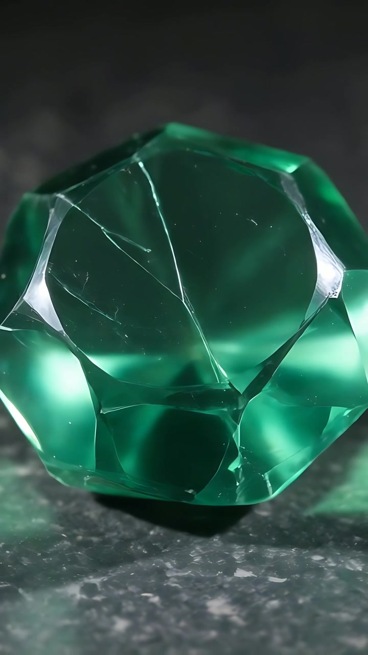 Vertical video: Panning camera rotating green gem, revealing fracture lines on slab under LED light