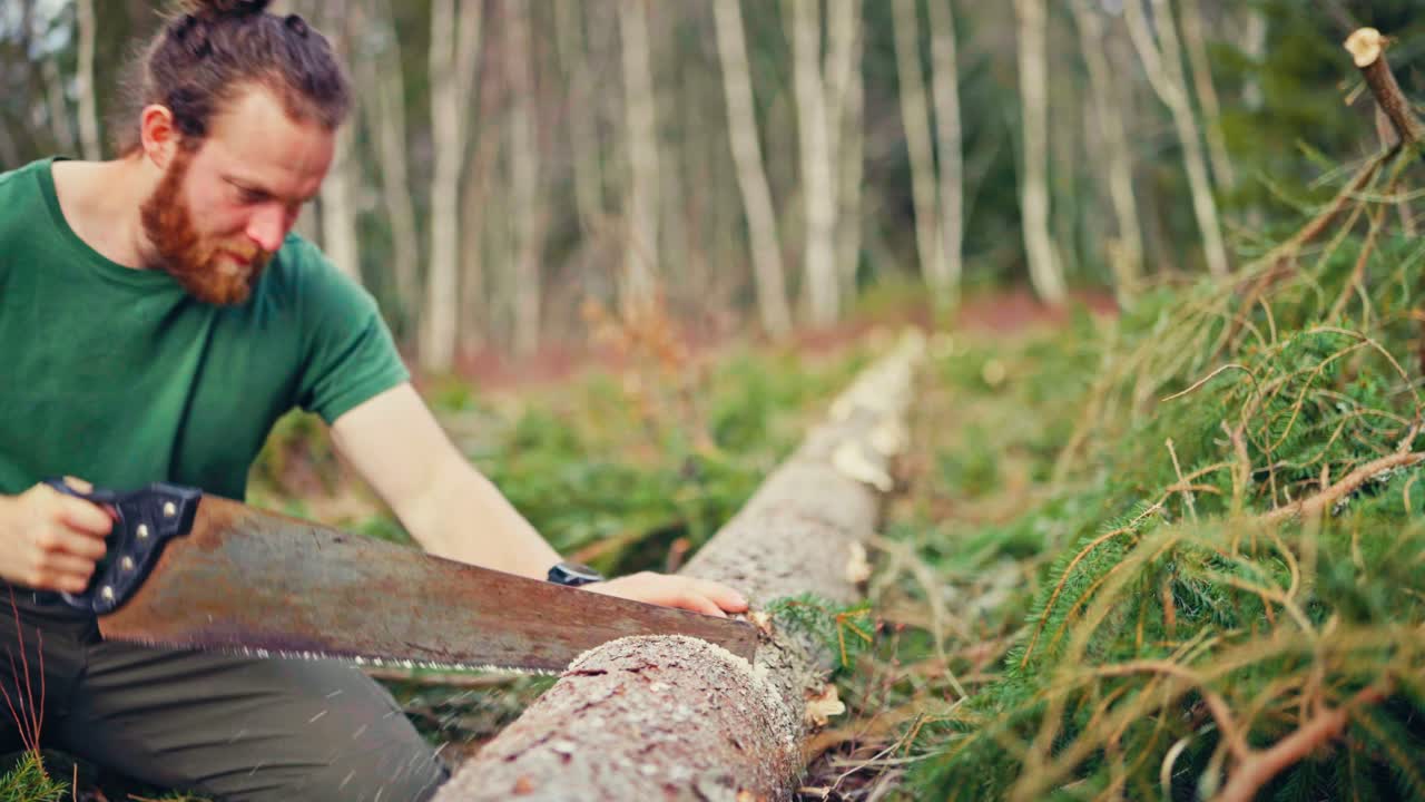 Man Cutting Tree Trunk Using A Saw - Close Up