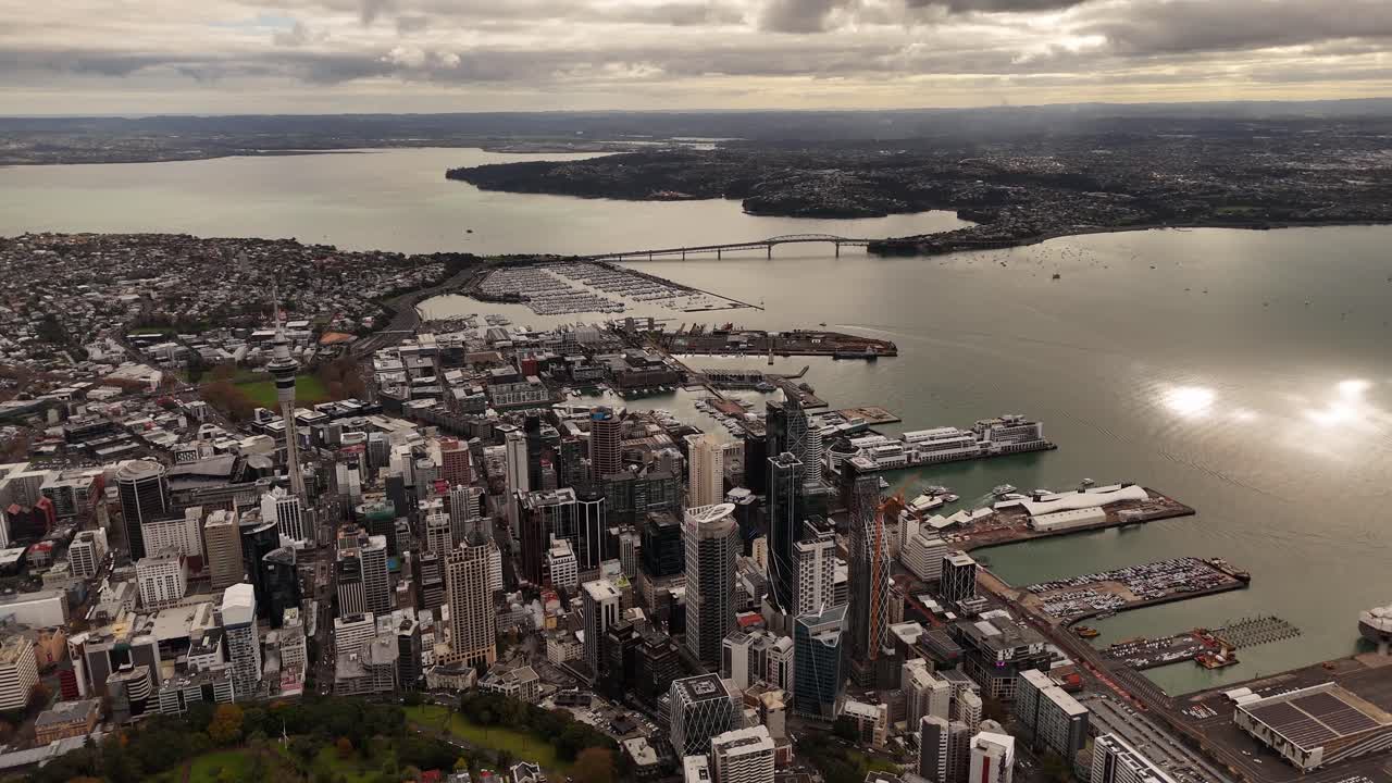 High panoramic aerial view of Auckland city, Harbour Bridge in the background