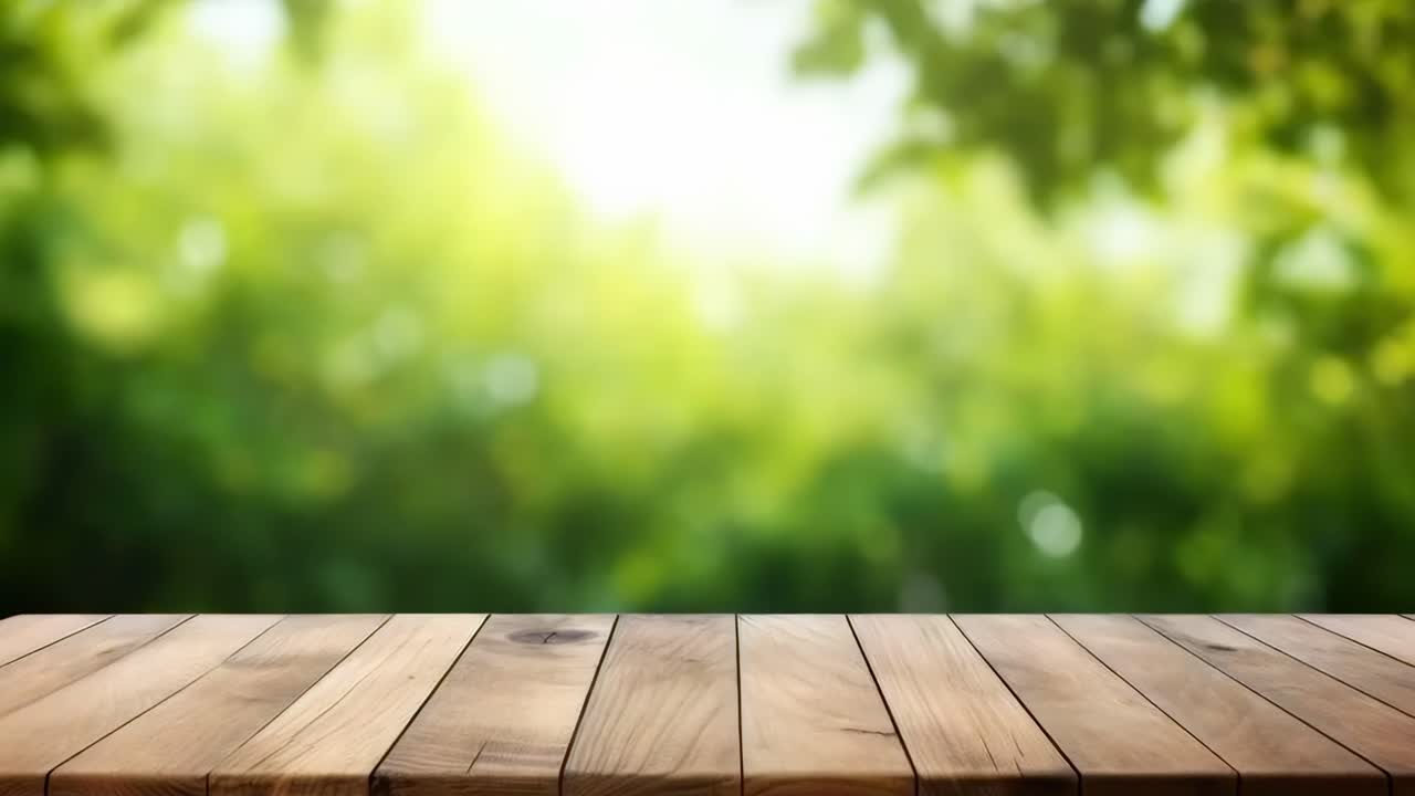 Superficie di tavolo in legno con sfondo di fogliame verde sfocato, scattata da una angolazione bassa