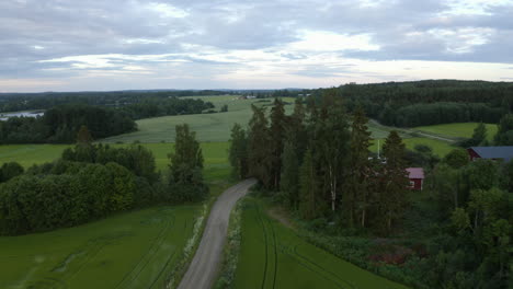 aerial view following a road in middle of rural fields, gloomy evening in finland