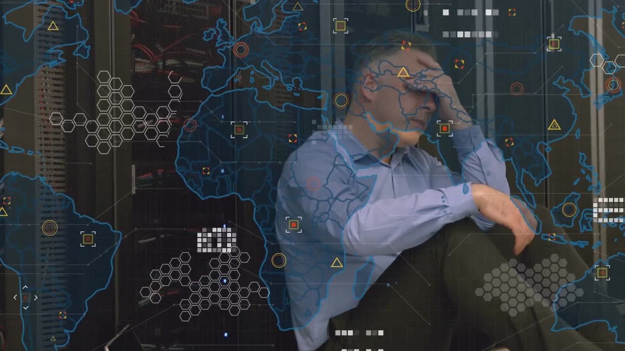 Animation of world map over caucasian businessman in server room