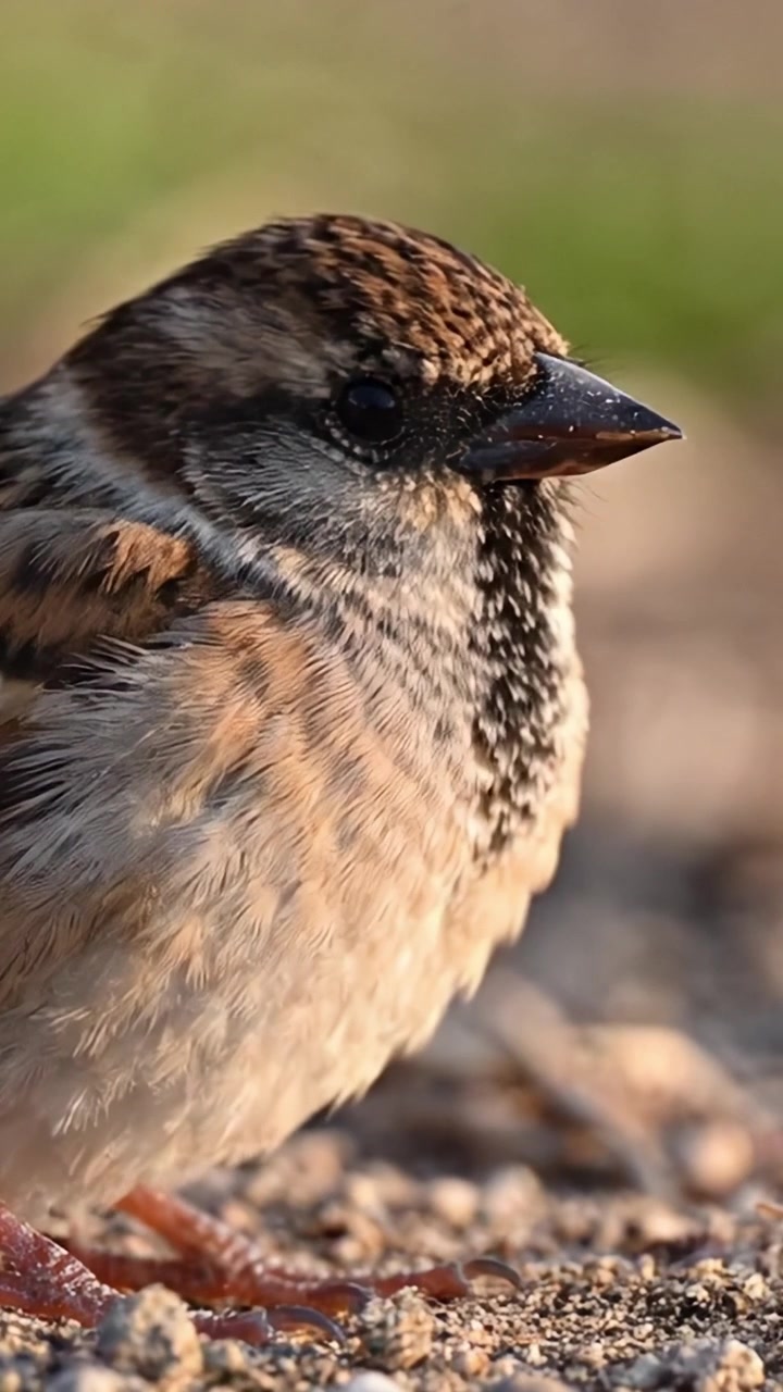 Primo piano delle piume e delle caratteristiche di un passero, catturato in un ambiente naturale, che evidenzia le sue marcature distintive e la sua presenza aggraziata