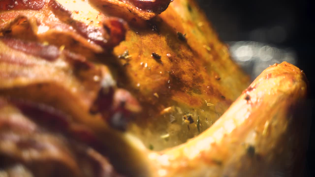 Close up shot of turkey being roasted in oven during Thanksgiving