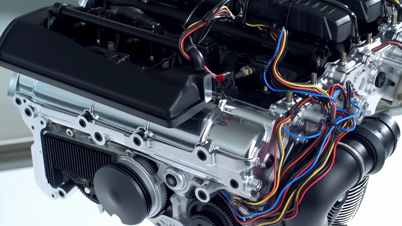 Close-up view of a motorcycle engine with polished metal surfaces, black covers, colorful wiring, and detailed mechanical components isolated against a clean white background under bright studio lighting