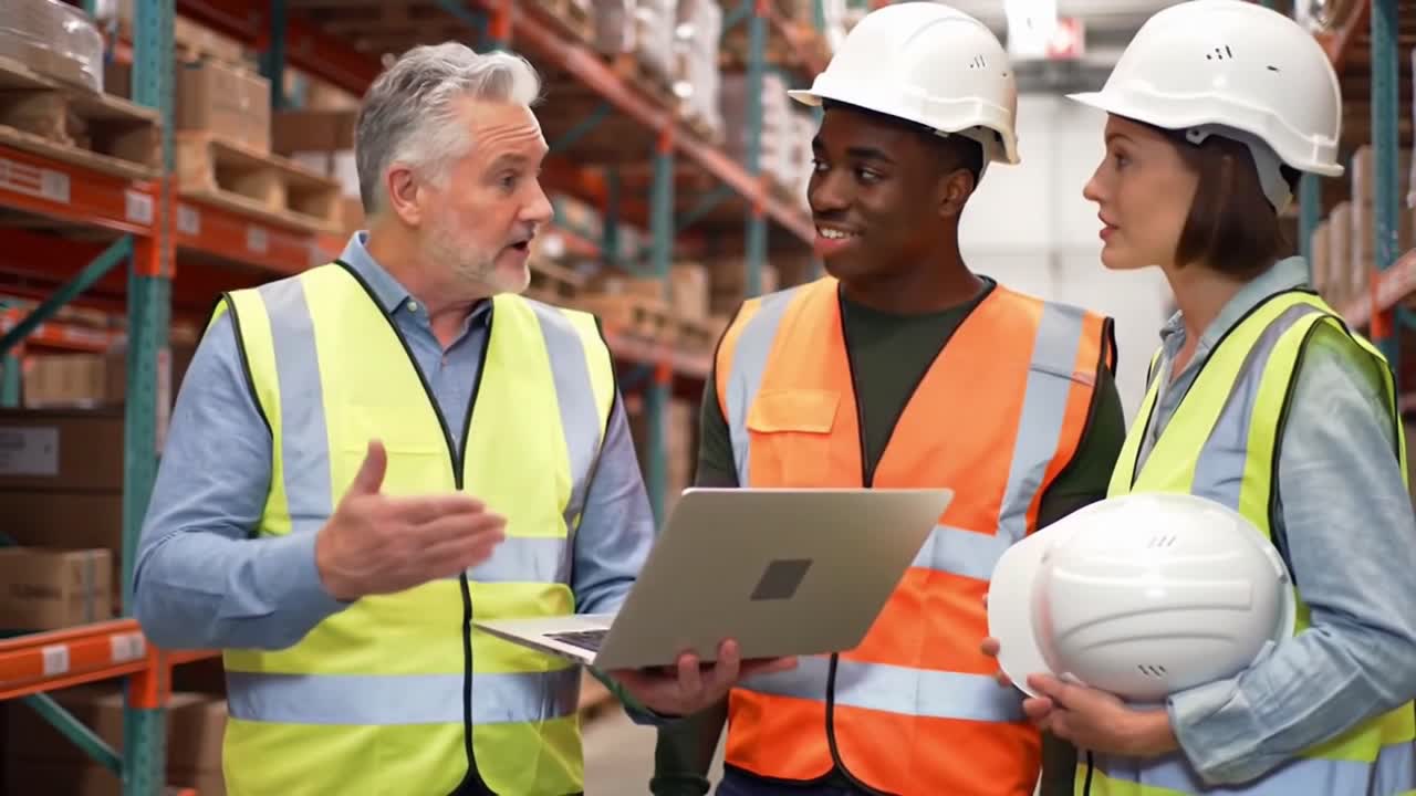 Diverse warehouse management team, two men and a woman, use a laptop for planning and discussion