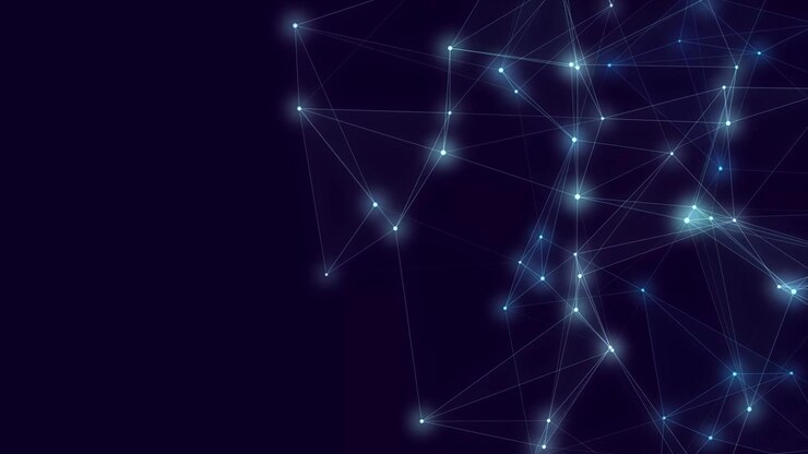 Luminous blue digital nodes and connecting plexus lines float seamlessly on dark background.